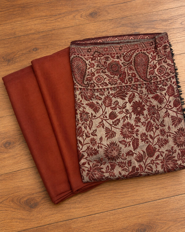 Rust plain shirt and trouser fabric with a Moonlight floral paisley shawl