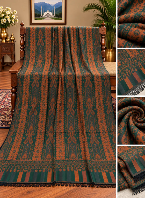 Green and rust Stripe Monalisa Kani woolen shawl with vertical floral stripes displayed on wooden bench Taj Mehal Handicrafts Islamabad