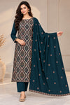 Teal 3D embroidered winter suit with matching trousers and floral embroidered stole at Taj Mehal Handicrafts, Islamabad, Pakistan