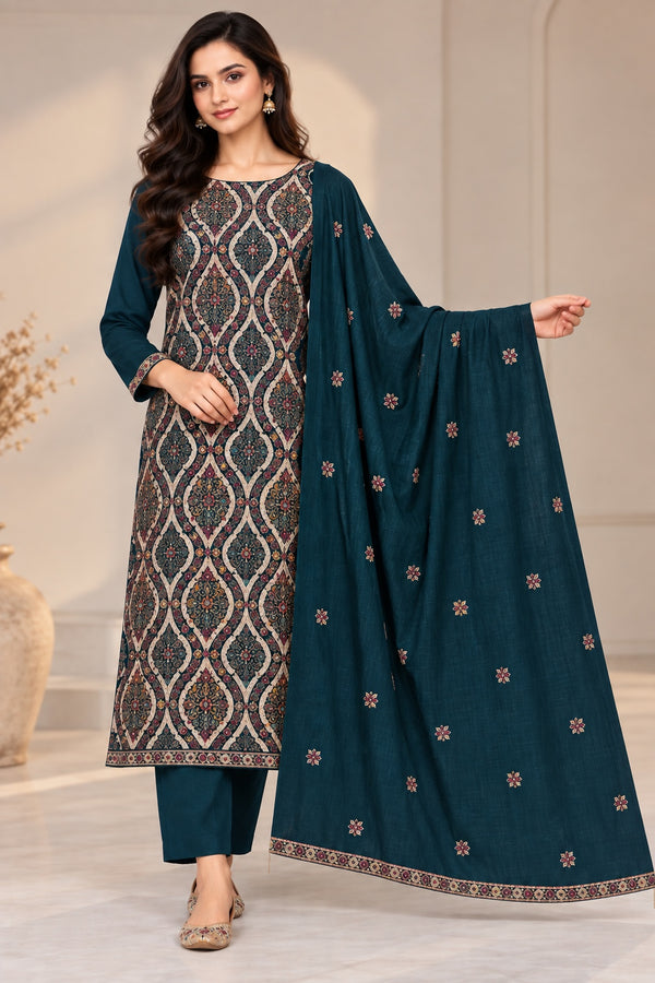 Teal 3D embroidered winter suit with matching trousers and floral embroidered stole at Taj Mehal Handicrafts, Islamabad, Pakistan