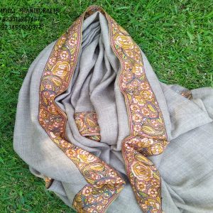 Un Dyed Taupe Border Embroidery Cashmere Shawl