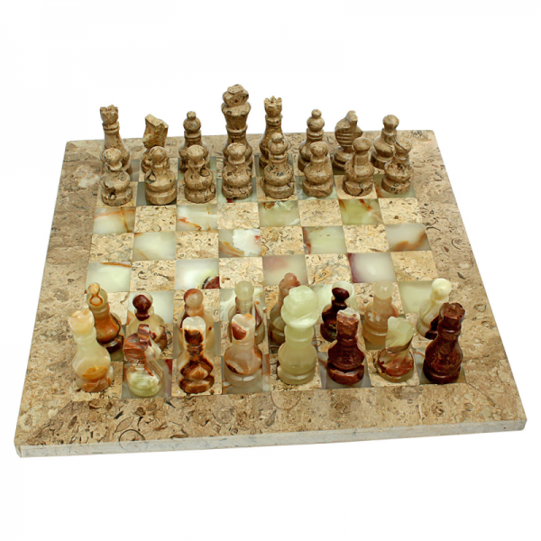 Multi Green Onyx And Fossil Coral Chess Set