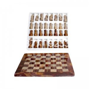 8″ Red Onyx And Fossil Coral Chess Set With Red Onyx Border