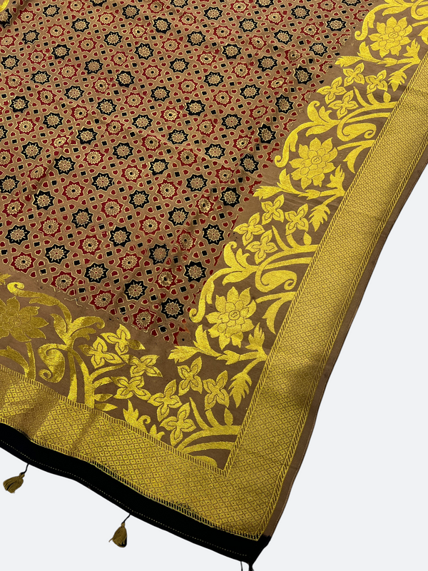 AJRAKH PRINT DOLA SILK ZARI WEAVING DUPATTA - Tajmehalhandicrafts
