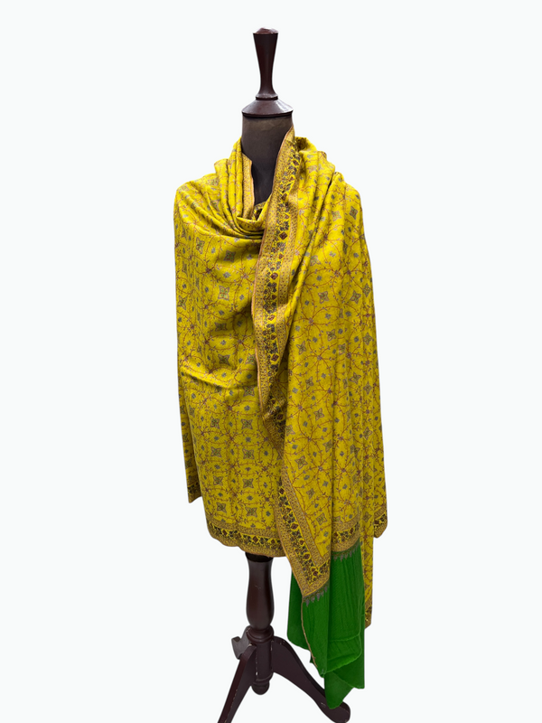 Jali Pure Pashmina Hand Embroidered Shawl – Mustard Yellow with Black Sozni Work