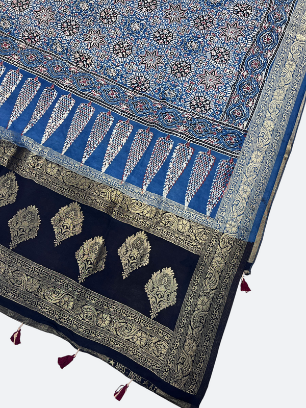 Elegant Dola Silk Ajrakh Dupatta – Natural Dye Craftsmanship - Tajmehalhandicrafts