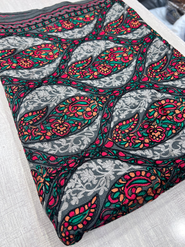 Black Fine Aari Work Paisley Shawl – 2.75 Yards | Taj Mehal Handicrafts