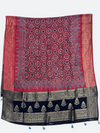 Dola Silk Ajrakh Dupatta with Natural Dye Hand Block Print & Zari Border - Tajmehalhandicrafts