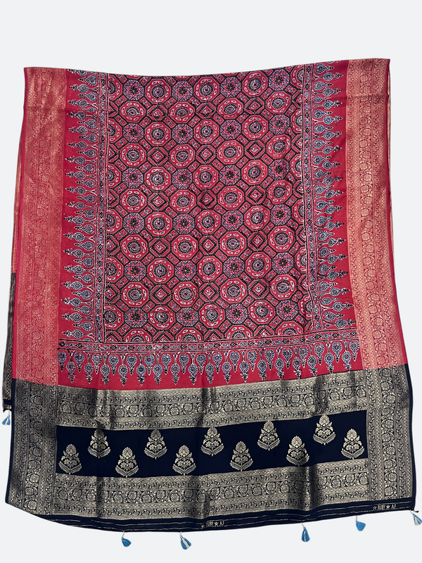 Dola Silk Ajrakh Dupatta with Natural Dye Hand Block Print & Zari Border - Tajmehalhandicrafts