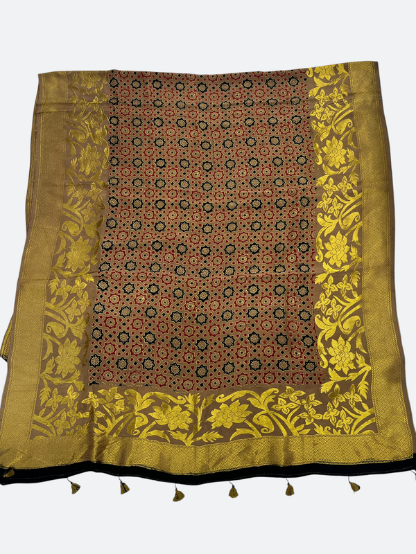 AJRAKH PRINT DOLA SILK ZARI WEAVING DUPATTA - Tajmehalhandicrafts
