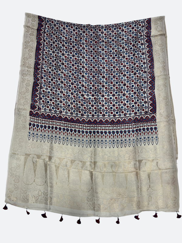 Festive Ajrakh Dola Silk Dupatta – Hand Block Print & Zari - Tajmehalhandicrafts