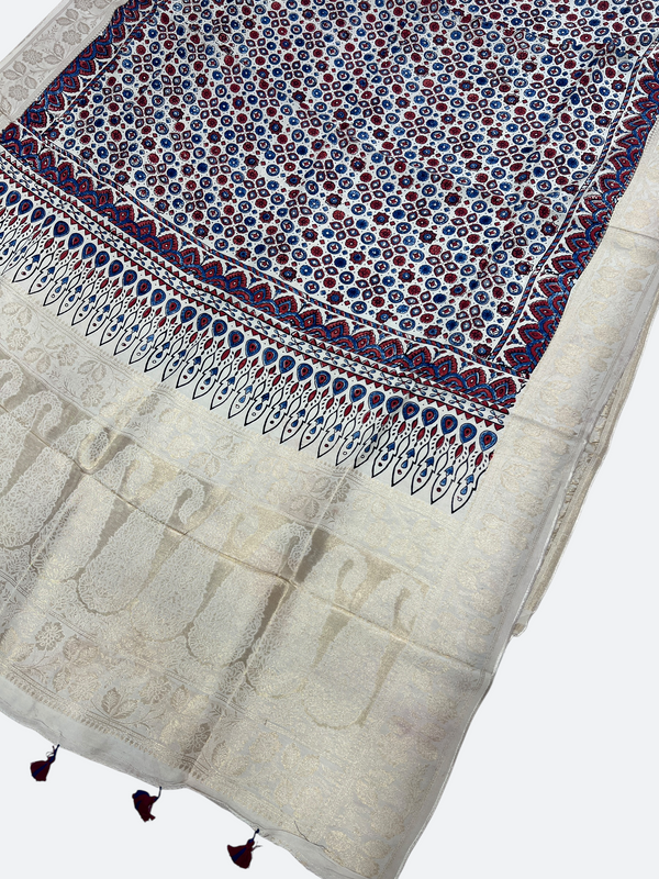 Festive Ajrakh Dola Silk Dupatta – Hand Block Print & Zari - Tajmehalhandicrafts