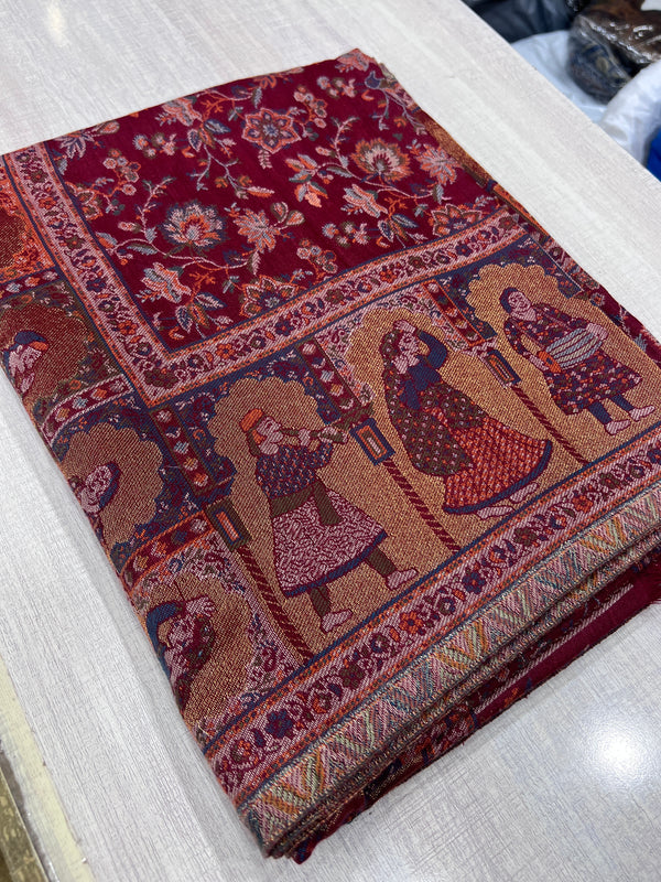 Maroon Bird & Floral Moonlight Zari Kani Pashmina Shawl | Taj Mehal Handicrafts