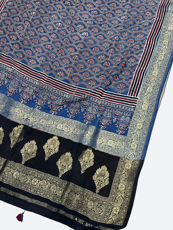 Classic Ajrakh Dola Silk Dupatta – Natural Dye Heritage Textile - Tajmehalhandicrafts