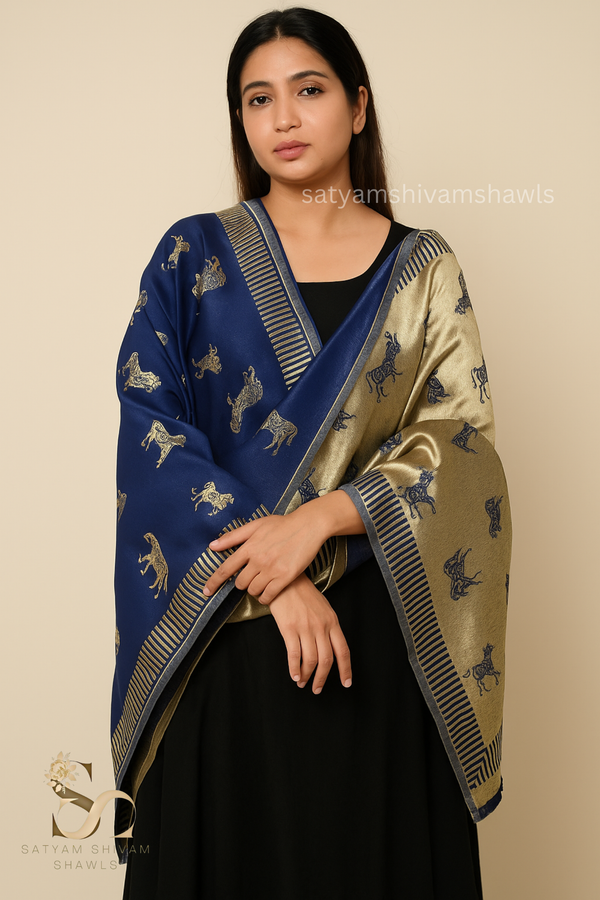 Twinlight reversible horse moonlight design shawl - Navy Blue - Tajmehalhandicrafts