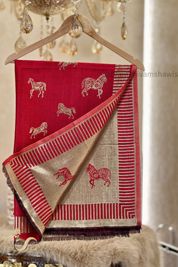 Twinlight reversible horse moonlight design shawl - Red - Tajmehalhandicrafts