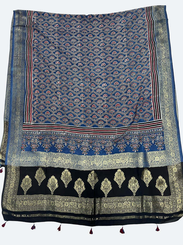 Classic Ajrakh Dola Silk Dupatta – Natural Dye Heritage Textile - Tajmehalhandicrafts