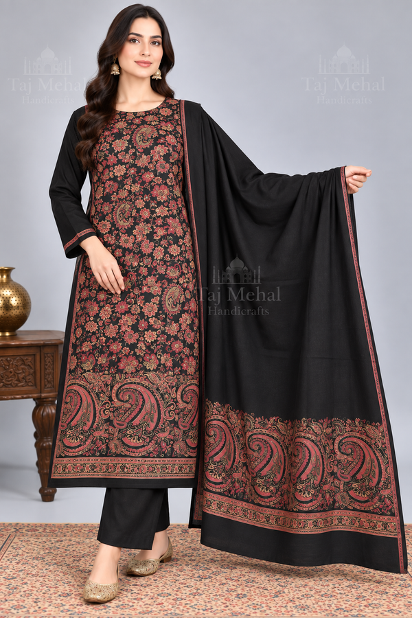 Black MonaLisa 3-Piece Kani Woolen Unstitched Suit
