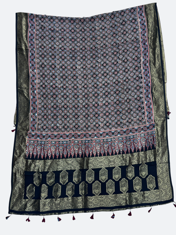 Zari Work Ajrakh Print Pure Modal Silk Dupatta - Tajmehalhandicrafts