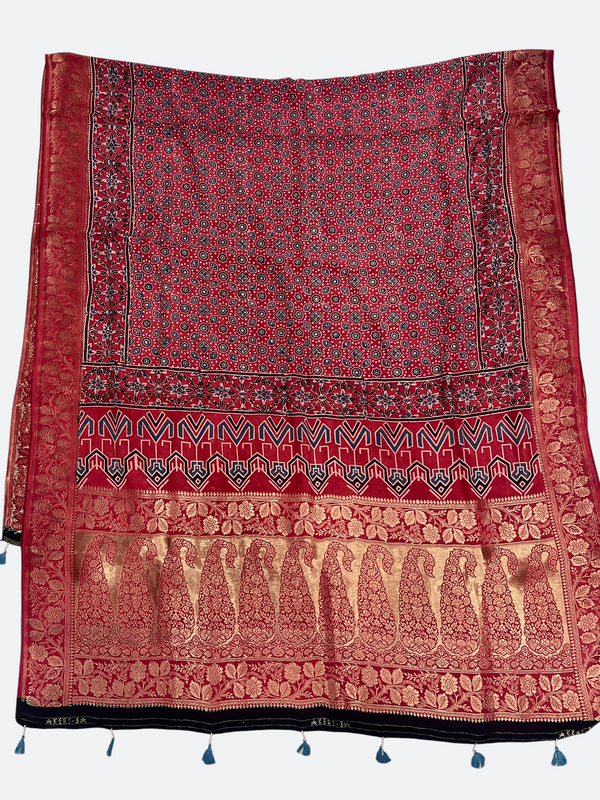 Heritage Ajrakh Dola Silk Dupatta – Hand Block Printed with Natural Dyes - Tajmehalhandicrafts