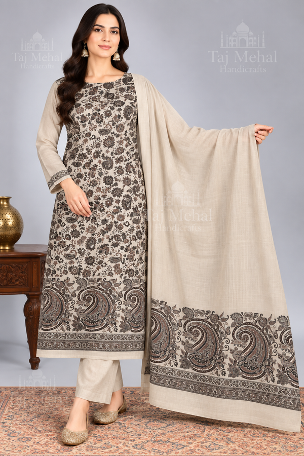 Beige and skin Kani Pashmina 3 piece unstitched Pakistani suit for women
