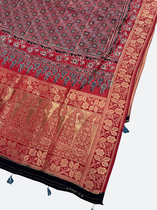 Handcrafted Ajrakh Dola Silk Dupatta – Natural Dye & Zari Detail - Tajmehalhandicrafts