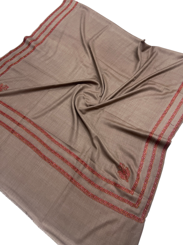 Luxurious Pashmina Shawl with Triple Border Kingri Design & Exquisite Paper Mache Embroidery - Tajmehalhandicrafts
