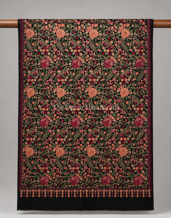 Exquisite Kashmiri Wool Shawl with Aari Embroidery - Luxurious Multicolor Design
