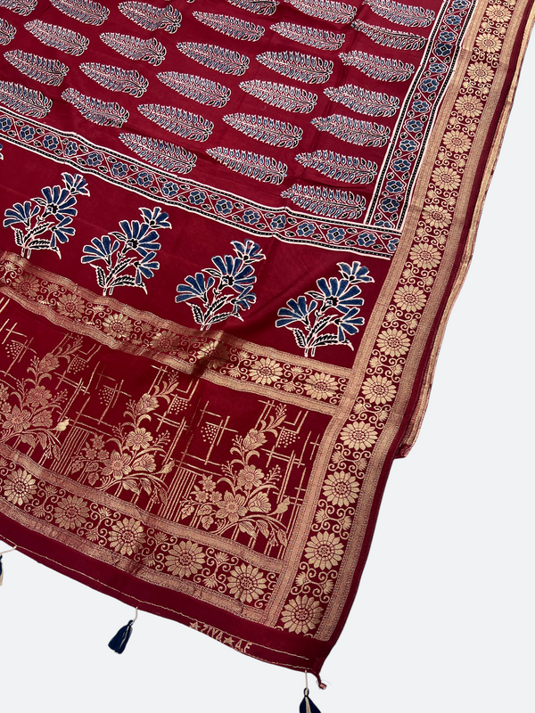 Luxury Dola Silk Ajrakh Dupatta – Traditional Hand Block Print - Tajmehalhandicrafts