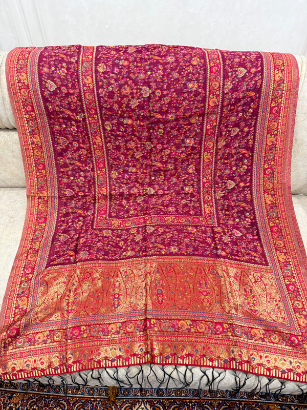 Magenta Indian Kani Silk Suit with Floral Shawl