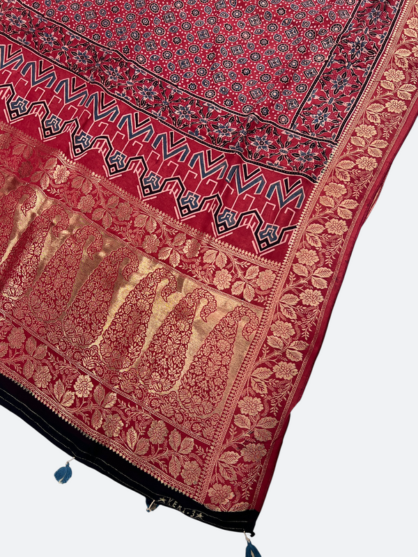 Heritage Ajrakh Dola Silk Dupatta – Hand Block Printed with Natural Dyes - Tajmehalhandicrafts
