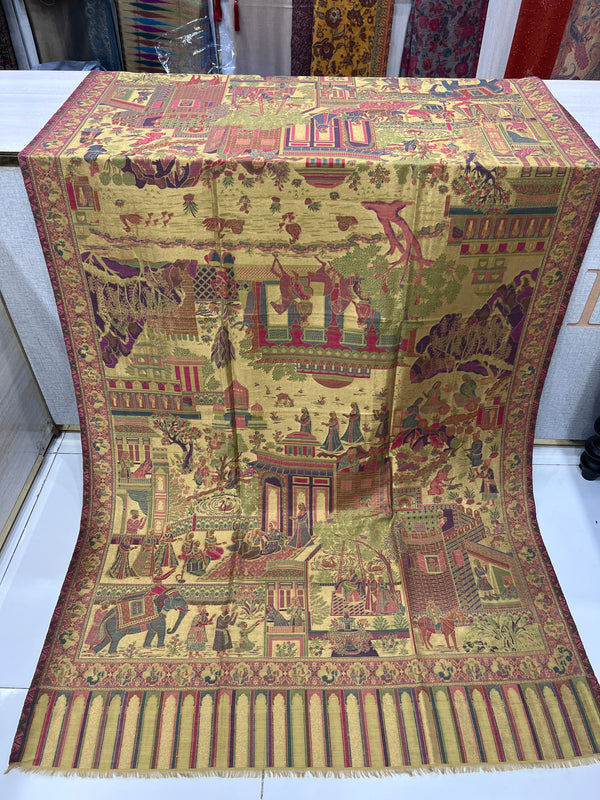 Golden Palace Scenery Artistic Kani Pashmina Shawl | Taj Mehal Handicrafts