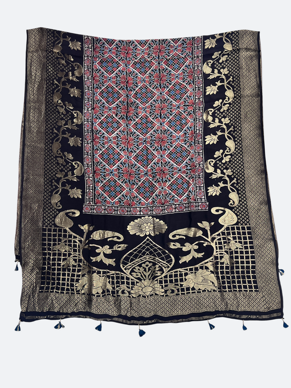 AJRAKH PRINT DOLA SILK ZARI WEAVING DUPATTA -Taj Mehal handicrafts (Copy 14) - Tajmehalhandicrafts