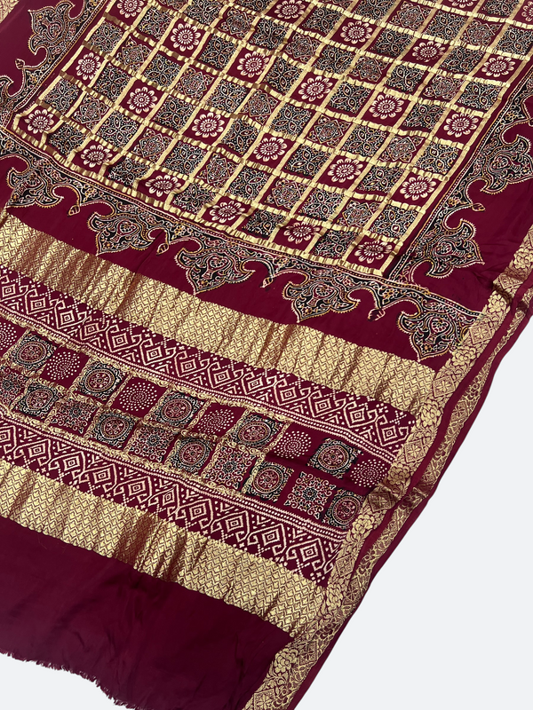 Traditional Ajrakh Design Patalo Gajji Silk Duppata - Tajmehalhandicrafts
