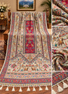 Ivory multicolour Banjara Maharani Kani style shawl 3 metres with royal elephant horse scenes and cream tassels Taj Mehal Handicrafts Islamabad