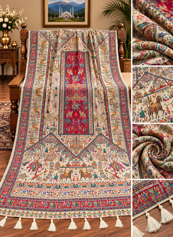 Ivory multicolour Banjara Maharani Kani style shawl 3 metres with royal elephant horse scenes and cream tassels Taj Mehal Handicrafts Islamabad