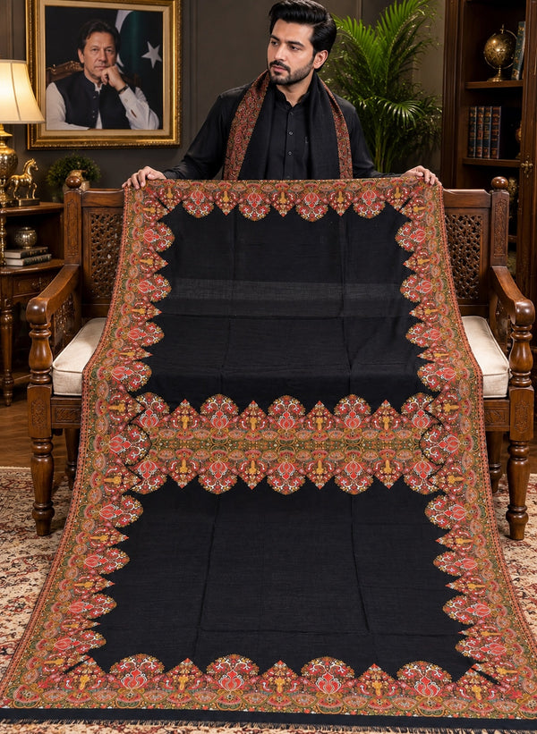 Black three-yard men's Doshala shawl in fine pashmina with unique red, gold and green embroidered borders, Taj Mehal Handicrafts Islamabad