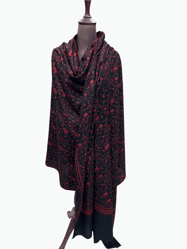 Black & Maroon Sozni Jaal Pure Pashmina Shawl – One of a Kind tajmehalhandicrafts