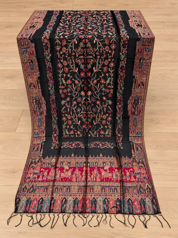 Black Moonlight Shikargah unstitched suit showing a floral centre and detailed patterned borders – Taj Mehal Handicrafts