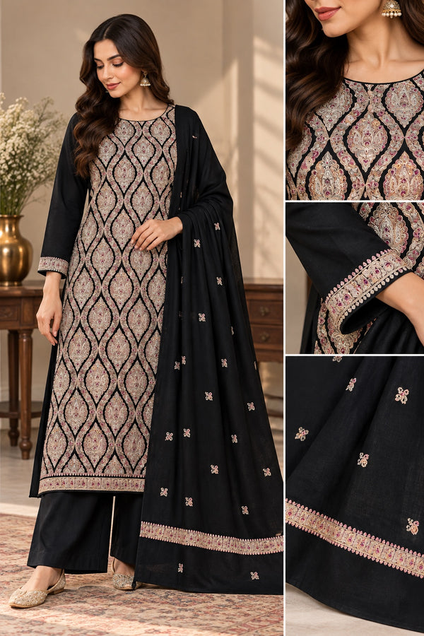 Black paper mache embroidered three-piece suit with matching buti border shawl
