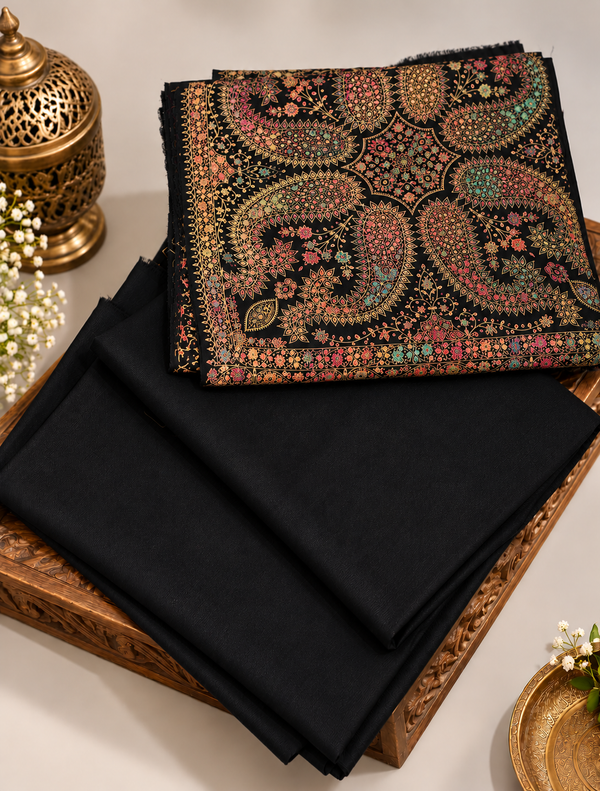 Black Sui Print hand embroidered 3-piece woolen pashmina suit with colorful paisley shawl | Taj Mehal Handicrafts