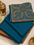 Deep teal Sui Print hand embroidered woolen pashmina 3-piece suit on carved wooden tray | Taj Mehal Handicrafts