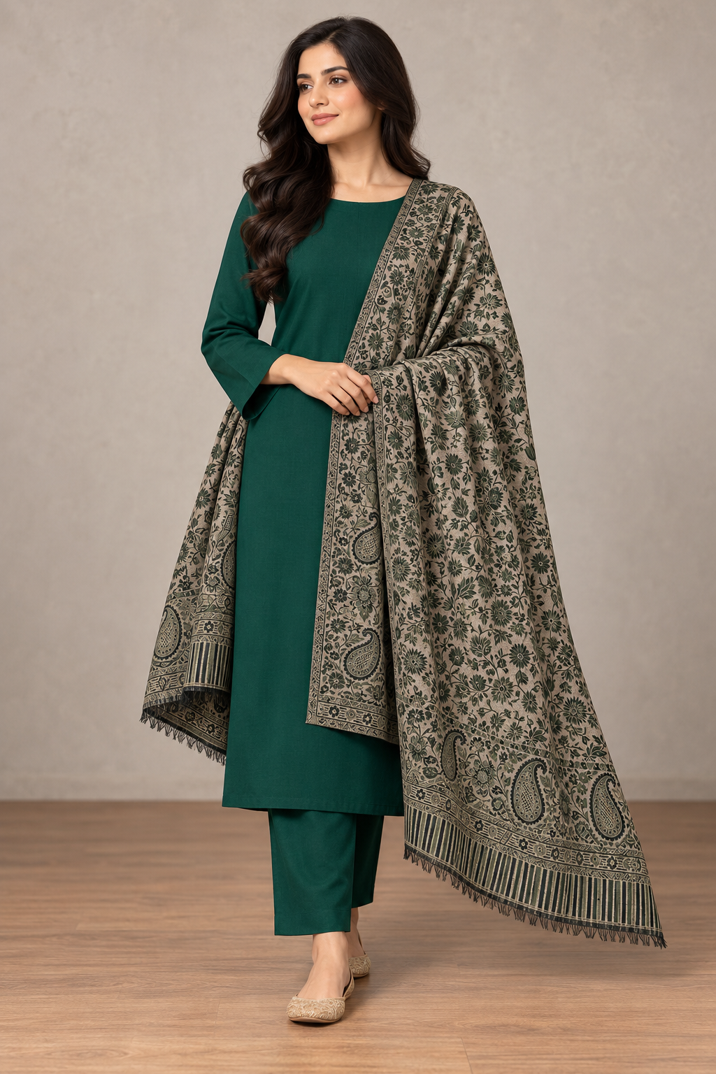 Emerald Green Suit with Moonlight Shawl | Taj Mehal – tajmehalhandicrafts
