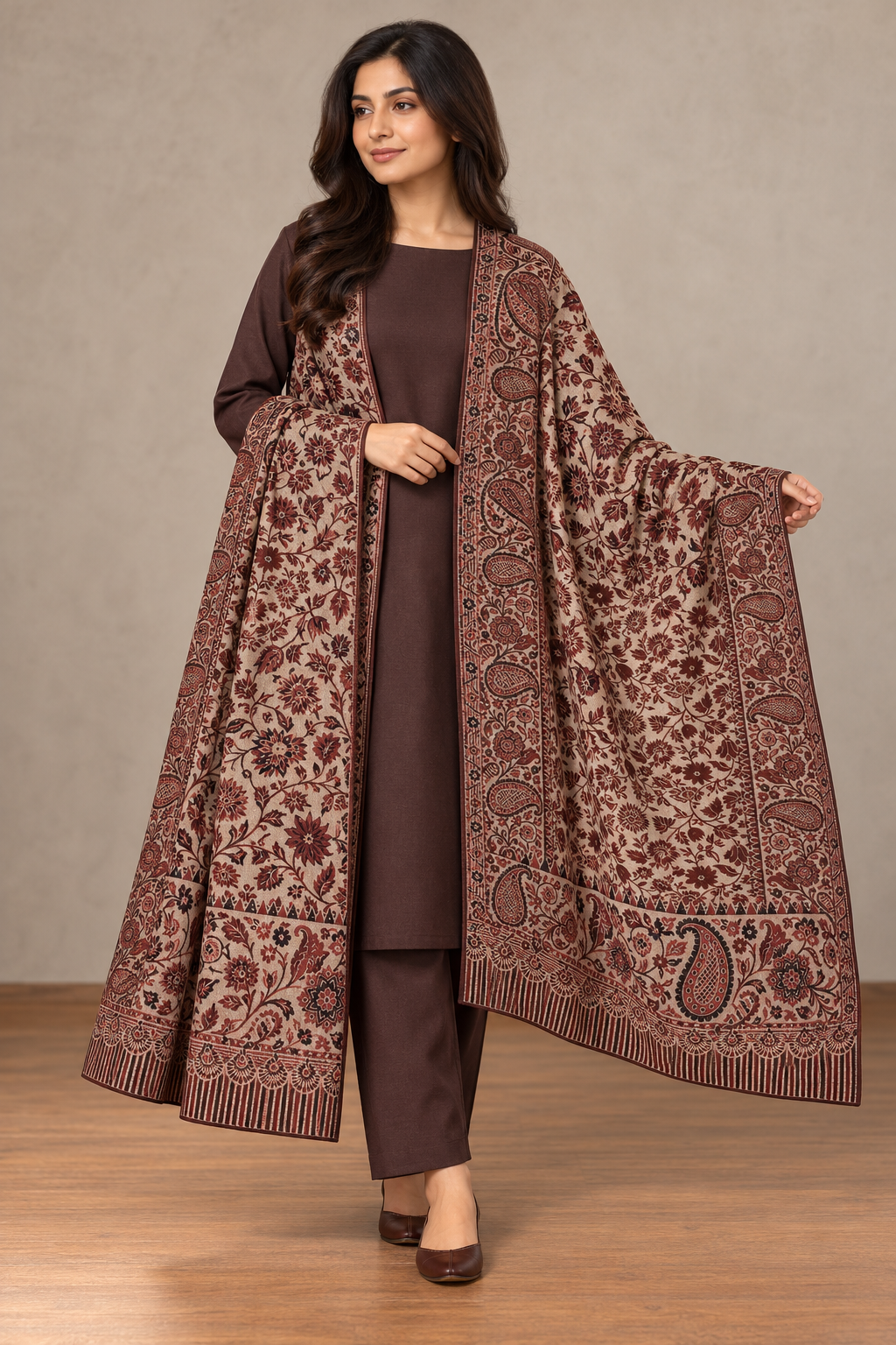 Deep Brown Suit with Moonlight Shawl | Taj Mehal – tajmehalhandicrafts