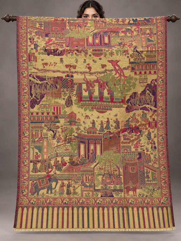 Golden artistic Kani Pashmina scenery shawl with palaces, gardens, people and animals, fully open on a wooden rod in a grey studio | Taj Mehal Handicrafts