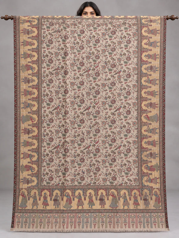 Ivory Moonlight zari Kani Pashmina shawl with birds, floral vines and figurative borders, fully open on a wooden rod in a studio | Taj Mehal Handicrafts