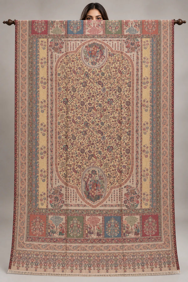 Ivory-beige Moonlight zari Kani Pashmina shawl with floral medallions and multicolour borders, fully open on a wooden rod in a studio | Taj Mehal Handicrafts