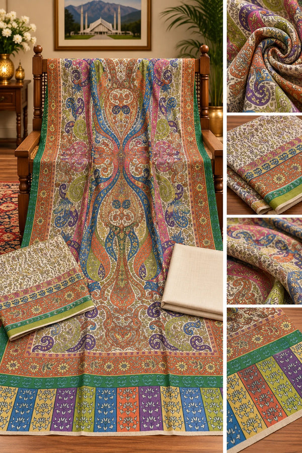 Ivory multicolor Kalamkari printed unstitched three piece pashmina suit with purple green blue rust paisley print, matching printed dupatta and plain ivory trouser Taj Mehal Handicrafts Islamabad