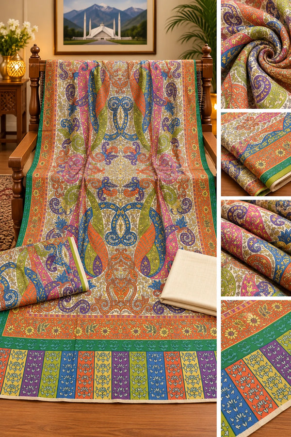 Ivory multicolor Kalamkari printed pashmina unstitched 3 piece suit with royal paisley design matching printed fabric and plain cream trouser Taj Mehal Handicrafts Islamabad
