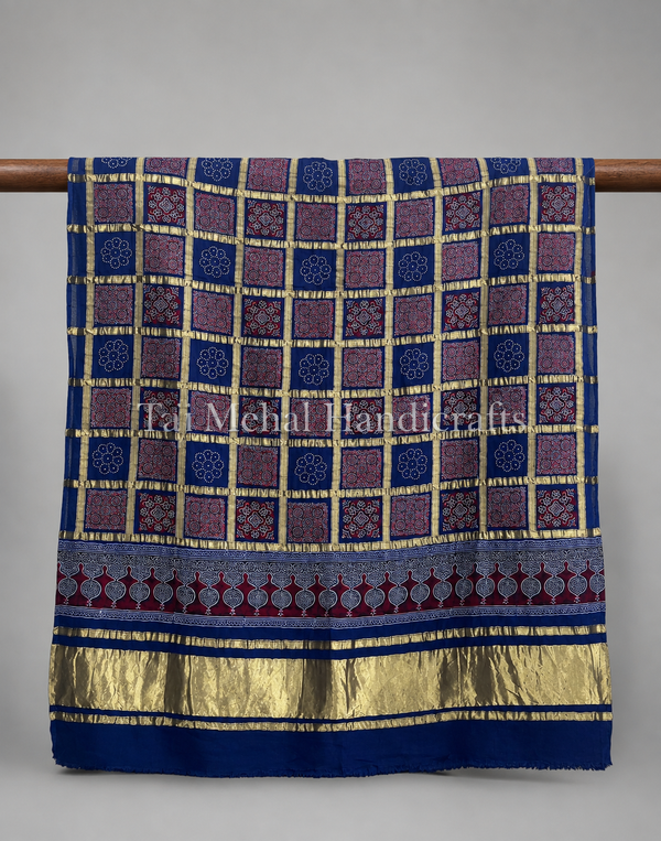 Rare Ajrakh Patalo Gajji Silk Dupatta – Traditional Art - Tajmehalhandicrafts